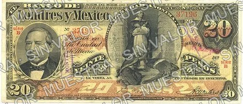 20 pesos, Banco de Londres y México (M273), anverso (M273l $20 stamped 'MONTERREY' in box)