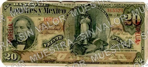 20 pesos, Banco de Londres y México (M273), anverso (M273m $20 overprinted 'MORELIA')