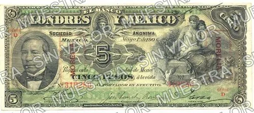 20 pesos, Banco de Londres y México (M273), anverso (M273m $5 overprinted 'MORELIA')