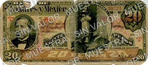 20 pesos, Banco de Londres y México (M273), anverso (M273m $20 stamped 'MORELIA')
