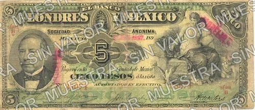 20 pesos, Banco de Londres y México (M273), anverso (M273m $5 stamped 'MORELIA')