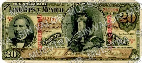 20 pesos, Banco de Londres y México (M273), M273n $20 stamped 'PUEBLA, anverso