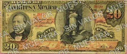 20 pesos, Banco de Londres y México (M273), anverso (M273n $20 stamped 'PUEBLA)