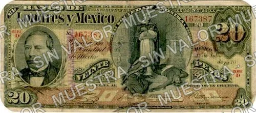 20 pesos, Banco de Londres y México (M273), M273n $20 stamped 'PUEBLA, anverso