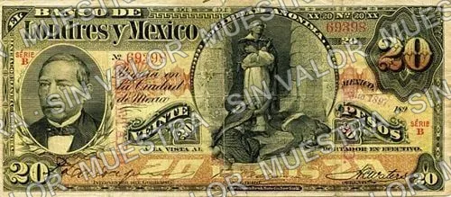 20 pesos, Banco de Londres y México (M273), anverso (M273o $20 stamped 'QUERETARO')