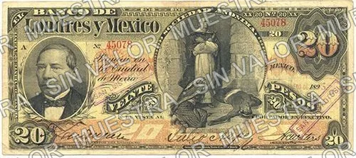 20 pesos, Banco de Londres y México (M273), anverso (M273q $20 stamped 'SAN LUIS POTOSI' in box)