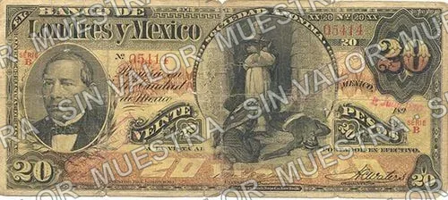 20 pesos, Banco de Londres y México (M273), anverso (M273q $20 stamped 'SAN LUIS POTOSI' in box)