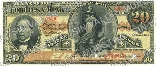 20 pesos, Banco de Londres y México (M273), anverso (M273s $20 Banco de Londres y México)