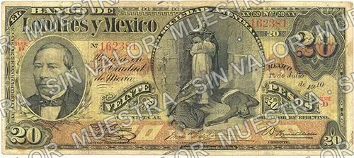 20 pesos, Banco de Londres y México (M273), anverso (M273t $20 stamped large 'TORREON')