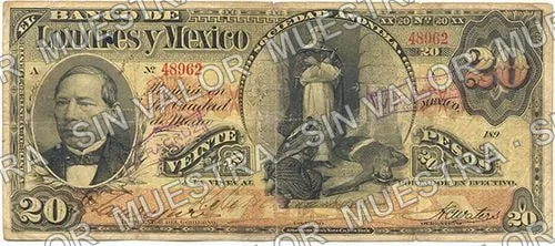 20 pesos, Banco de Londres y México (M273), anverso (M273u $20 stamped 'VERACRUZ' in cartouche)