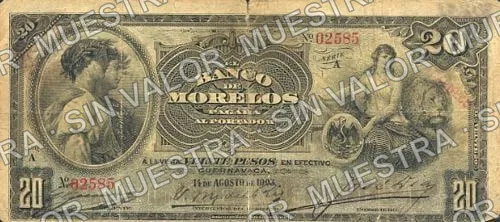 20 pesos, Banco de Morelos (M419), anverso (M419c $20 stamped 'ACAPULCO')