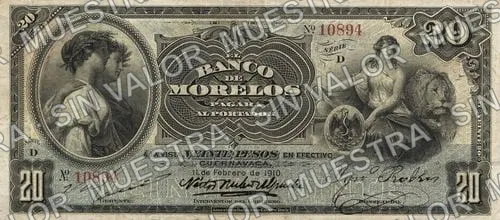 20 pesos, Banco de Morelos (M419), anverso (M419s $20 Banco de Morelos specimen)