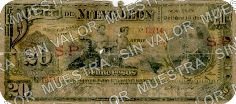 20 pesos, Banco de Nuevo León (M436), anverso (M436a $20 overprinted 'S.P. S.P.')