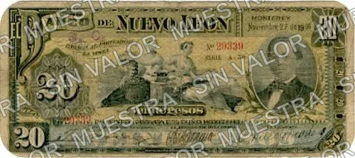 20 pesos, Banco de Nuevo León (M436), anverso (M436a $20 overprinted 'S.C.')