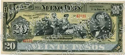 20 pesos, Banco de Nuevo León (M436), M436r $20 dated and stamped, then needle-punched CANCELADO, anverso