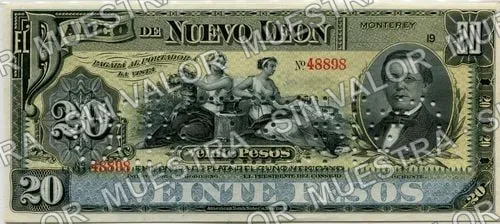 20 pesos, Banco de Nuevo León (M436), M436r $20 dated and stamped, then needle-punched CANCELADO, anverso