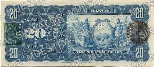 20 pesos, Banco de Nuevo León (M436), M436r $20 dated and stamped, then needle-punched CANCELADO, reverso