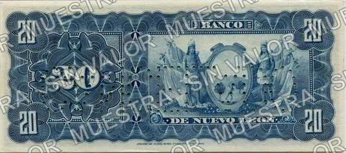 20 pesos, Banco de Nuevo León (M436), M436r $20 dated and stamped, then needle-punched CANCELADO, reverso