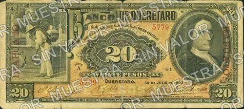 20 pesos, Banco de Querétaro (M475), anverso (M475c $20 overprinted 'IRAPUATO')
