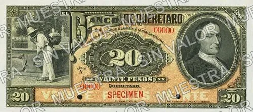 20 pesos, Banco de Querétaro (M475), M475s $20 Banco de Querétaro specimen, anverso