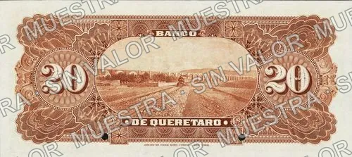 20 pesos, Banco de Querétaro (M475), M475s $20 Banco de Querétaro specimen, reverso