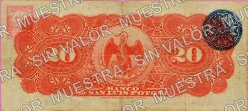 20 pesos, Banco de San Luis Potosí (M486), M486b $20 Banco de San Luis Potosí, reverso