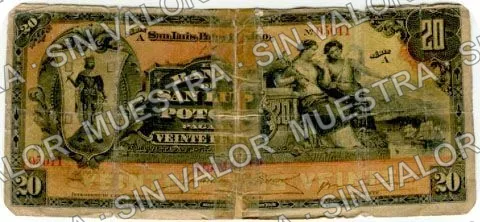 20 pesos, Banco de San Luis Potosí (M486), anverso (M486c1 $20 overprinted 'ACAMBARO')
