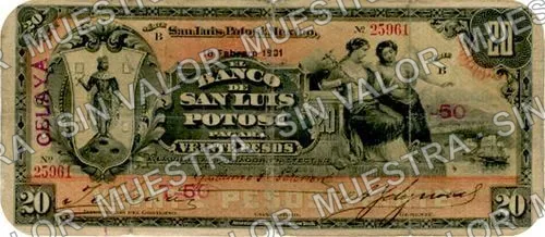 20 pesos, Banco de San Luis Potosí (M486), M486d $20 overprinted 'CELAYA', anverso