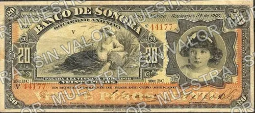 20 pesos, Banco de Sonora (M509), anverso (M509b $20 Banco de Sonora)