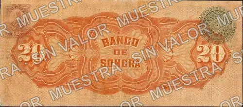 20 pesos, Banco de Sonora (M509), reverso (M509b $20 Banco de Sonora)
