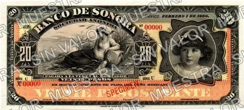 20 pesos, Banco de Sonora (M509), anverso (M509s1 $20 Banco de Sonora specimen)