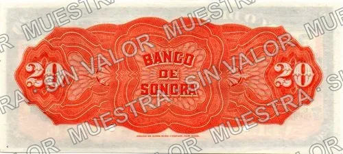 20 pesos, Banco de Sonora (M509), reverso (M509s1 $20 Banco de Sonora specimen)