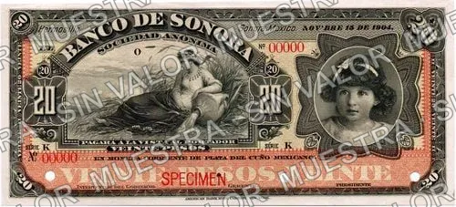 20 pesos, Banco de Sonora (M509), anverso (M509s2 $20 Banco de Sonora specimen)