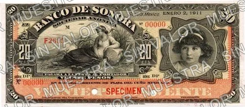 20 pesos, Banco de Sonora (M509), anverso (M509s2 $20 Banco de Sonora specimen)