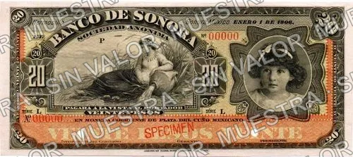 20 pesos, Banco de Sonora (M509), anverso (M509s2 $20 Banco de Sonora specimen)