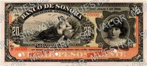 20 pesos, Banco de Sonora (M509), anverso (M509s2 $20 Banco de Sonora specimen)