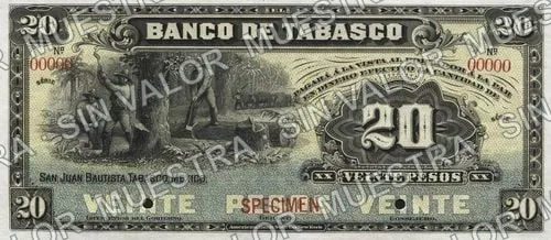 20 pesos, Banco de Tabasco (M515), anverso (M515s $20 Banco de Tabasco specimen)