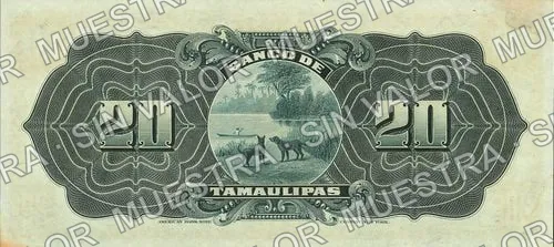 20 pesos, Banco de Tamaulipas (M522), reverso (M522r $20 unsigned remainder)