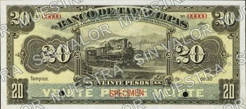 20 pesos, Banco de Tamaulipas (M522), M522s $20 Banco de Tamaulipas specimen, anverso