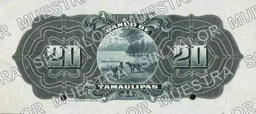 20 pesos, Banco de Tamaulipas (M522), M522s $20 Banco de Tamaulipas specimen, reverso
