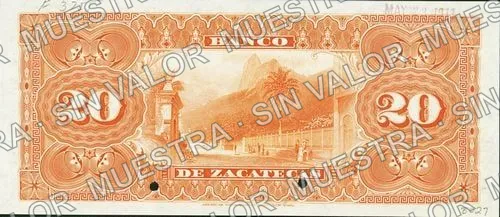 20 pesos, Banco de Zacatecas (M577), M577s $20 Banco de Zacatecas specimen, reverso