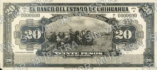 20 pesos, Banco del Estado de Chihuahua (M97), anverso (M97p2 $20 Banco del Estado de Chihuahua bromide proof)