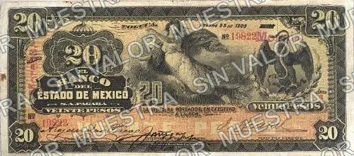 20 pesos, Banco del Estado de México (M398), anverso (M398d $20 overprinted 'Morelia' twice)
