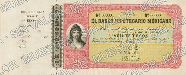 20 pesos, Banco Hipotecario Mexicano (M214), anverso (M214 $20 Banco Hipotecario Mexicano specimen)