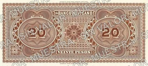 20 pesos, Banco Mejicano (M116), reverso
