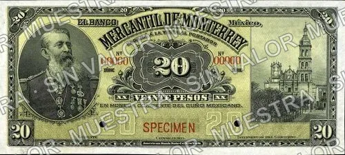20 pesos, Banco Mercantil de Monterrey (M426), anverso (M426s2 $20 Banco Mercantil de Monterrey specimen)