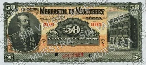 20 pesos, Banco Mercantil de Monterrey (M426), anverso (M426s2 $50 Banco Mercantil de Monterrey specimen)