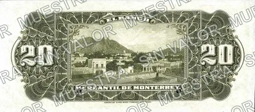 20 pesos, Banco Mercantil de Monterrey (M426), reverso (M426s2 $20 Banco Mercantil de Monterrey specimen)
