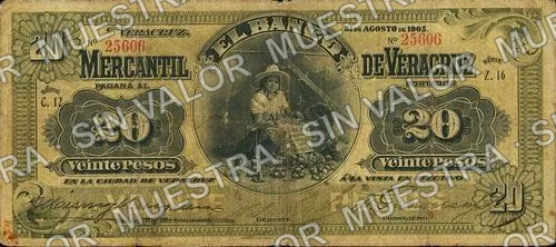 20 pesos, Banco Mercantil de Veracruz (M531), M531b $20 Banco Mercantil de Veracruz, anverso