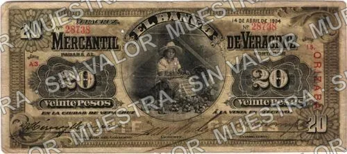 20 pesos, Banco Mercantil de Veracruz (M531), M531c $20 overprinted 'ORIZABA', anverso